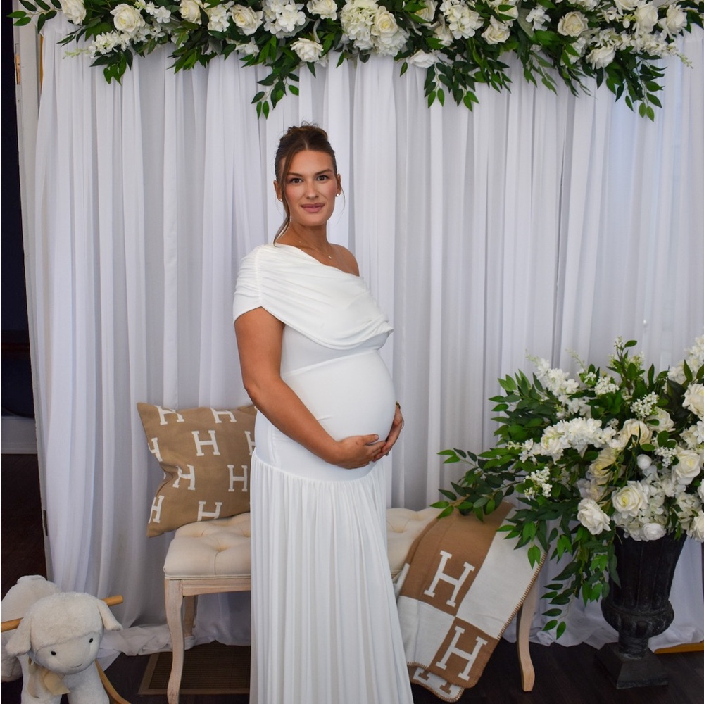 White Asymmetric-Neck Maternity Maxi Dress With Drop-Waist - Picture 2 of 9